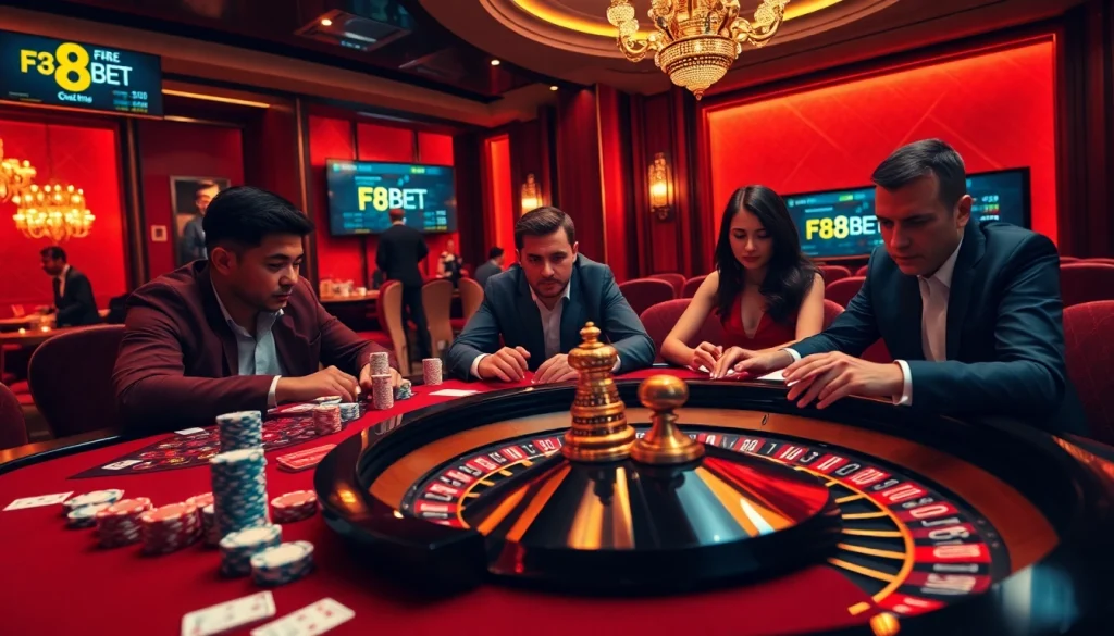 F8BET players enjoying an intense casino game at a luxurious gaming table
