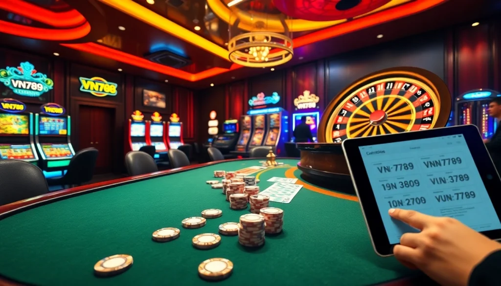 VN789 thrilling casino action with poker table and vibrant slot machines.