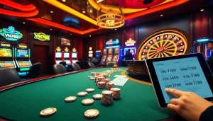 VN789 thrilling casino action with poker table and vibrant slot machines.