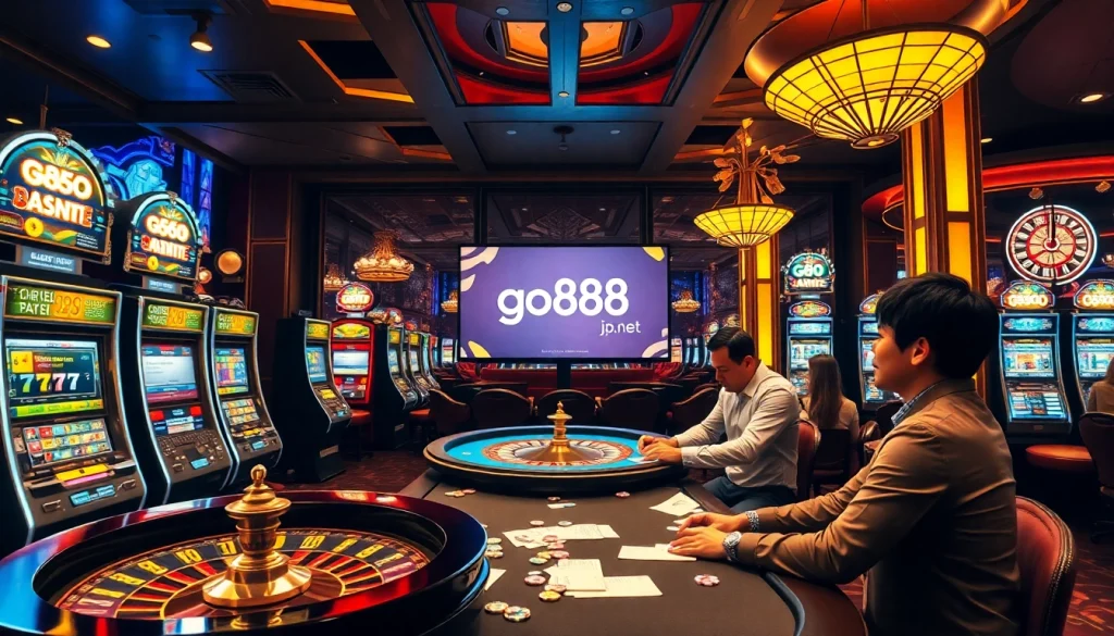 A lively scene at go888.jp.net with engaged players at poker and slot machines.