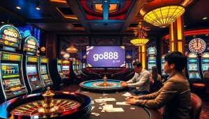 A lively scene at go888.jp.net with engaged players at poker and slot machines.