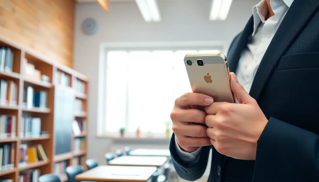 Handytasche Lehrer im Einsatz - schützt Smartphones elegant im Klassenzimmer