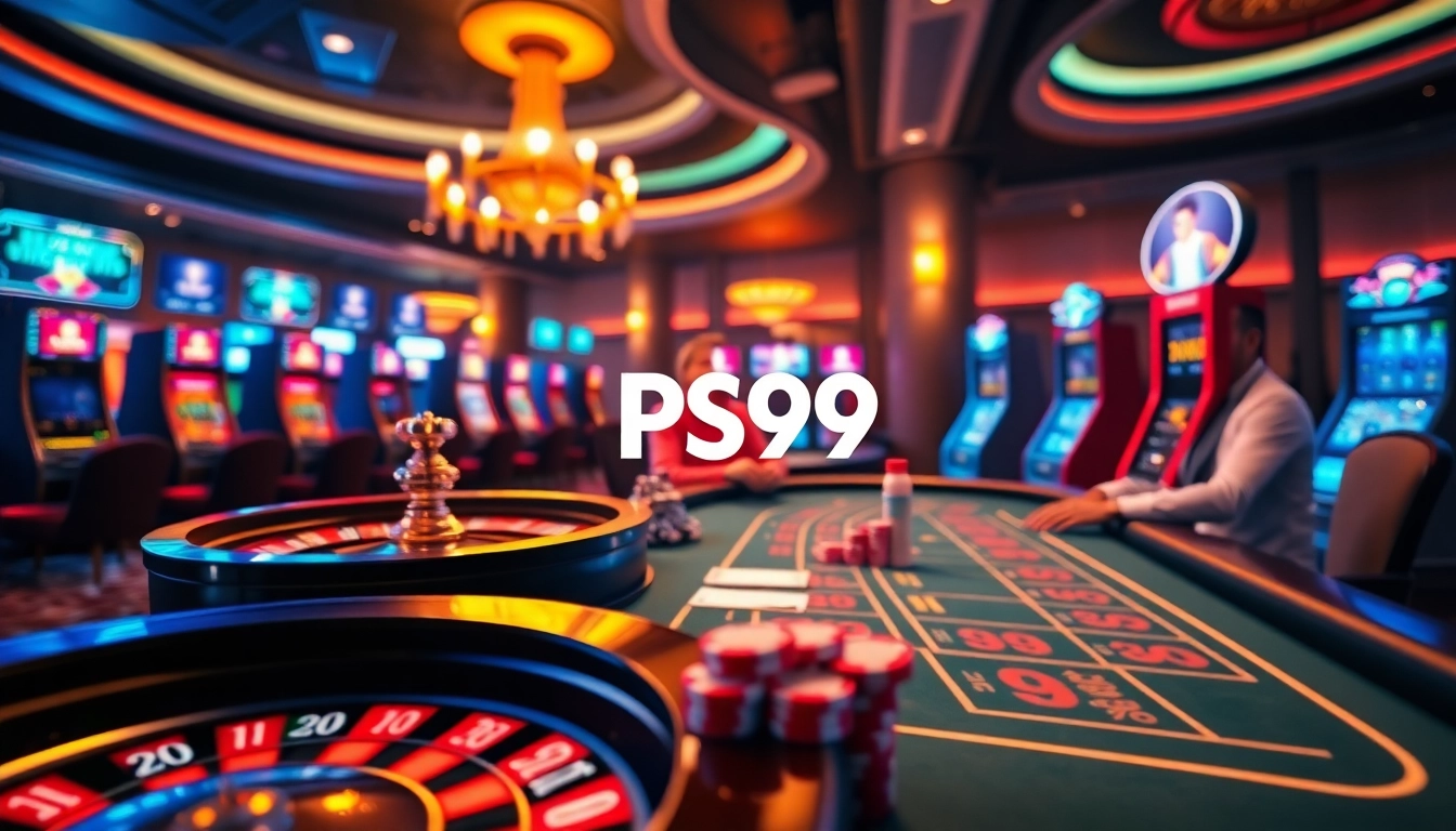 Players enjoying online gambling at PS99 with colorful slot machines and poker chips.