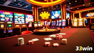 Players enjoying thrilling casino games at 33win with vibrant tables and slot machines in action.