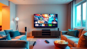 Professioneller IPTV Dienstleister Deutschland in modernem Wohnzimmer mit großem Fernseher.