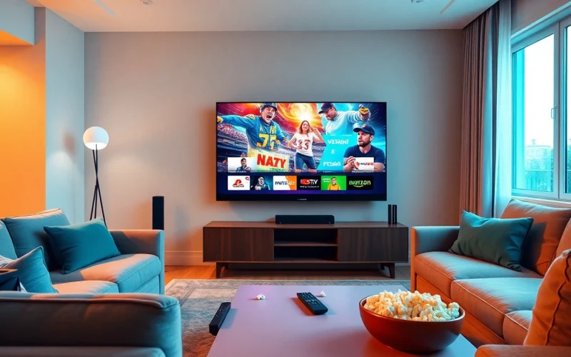 Professioneller IPTV Dienstleister Deutschland in modernem Wohnzimmer mit großem Fernseher.