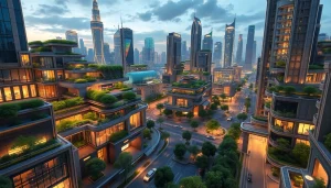3D visualisierung einer futuristischen Stadtlandschaft mit beeindruckender Architektur und integrierter Natur.