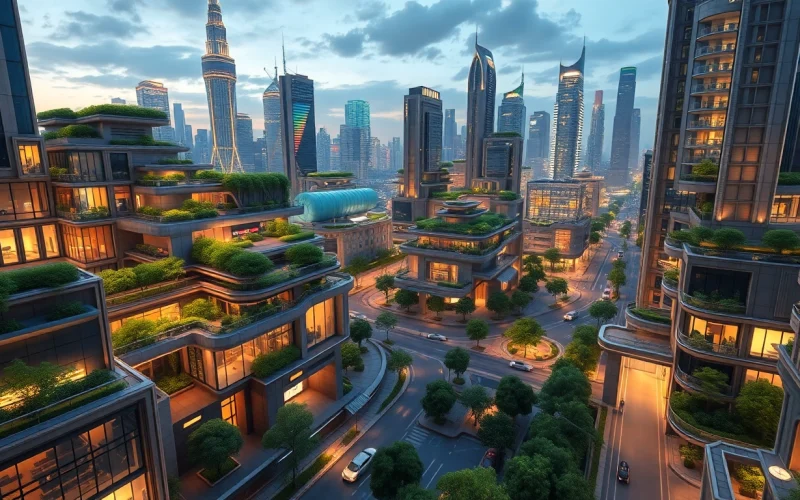 3D visualisierung einer futuristischen Stadtlandschaft mit beeindruckender Architektur und integrierter Natur.