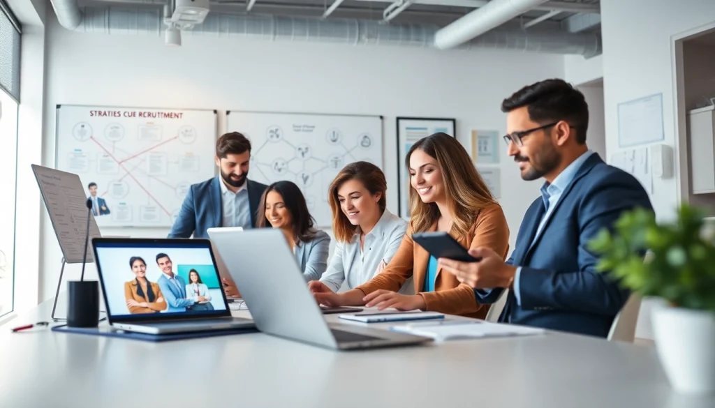 Fesselnde Szene in einem modernen Büro, die die Personalvermittlung Vertrieb zeigt, mit Fachleuten, die über die Vertriebsrekrutierung diskutieren.
