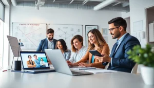 Fesselnde Szene in einem modernen Büro, die die Personalvermittlung Vertrieb zeigt, mit Fachleuten, die über die Vertriebsrekrutierung diskutieren.