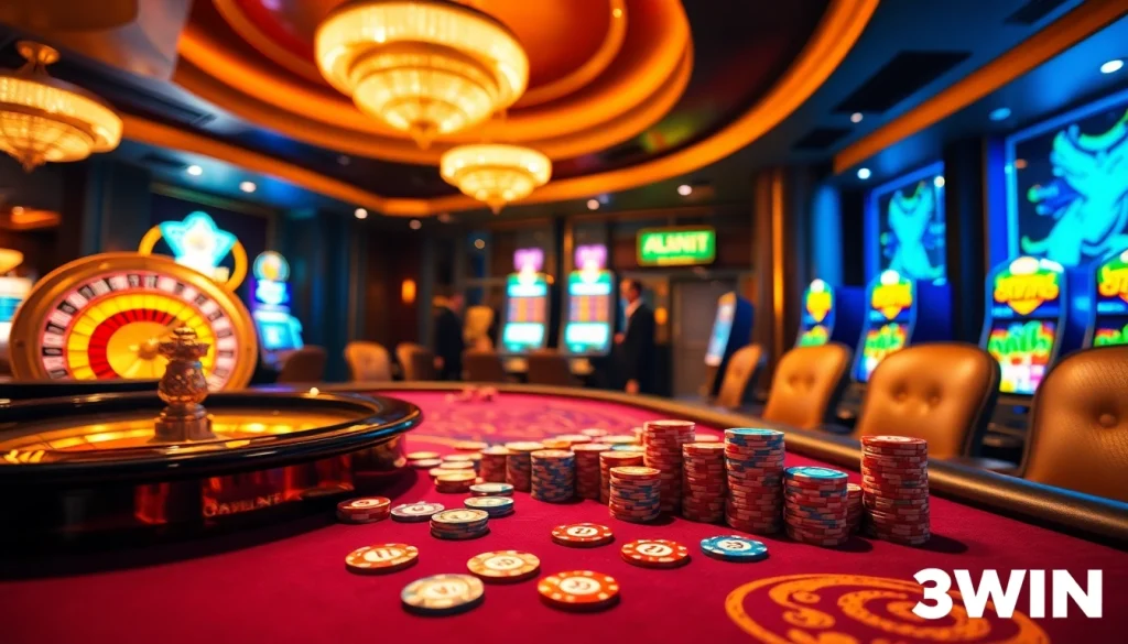 3WIN gamblers celebrate wins at a vibrant casino poker table, highlighting excitement and engagement.