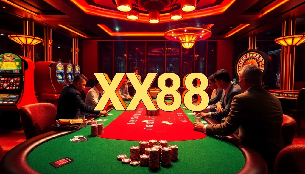 Exciting casino action featuring XX88's vibrant poker table and roulette wheel.
