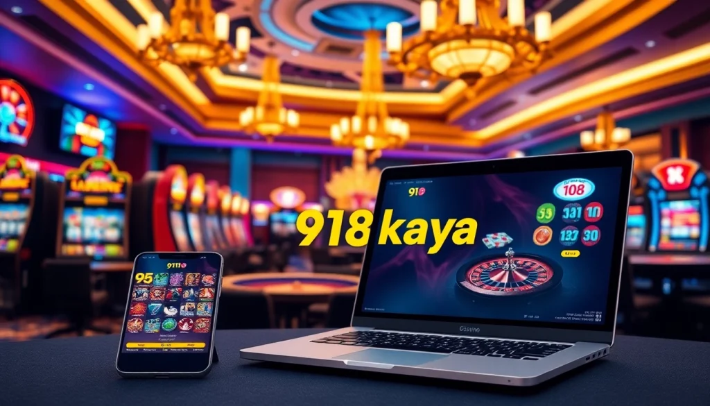 Experience the excitement of 918kaya Download in a vibrant casino setting full of slot machines and gaming tables.