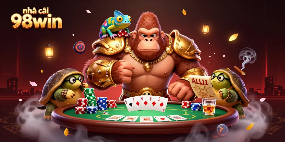 Win big with nhà cái 98win at the poker table, featuring colorful chips and dynamic characters