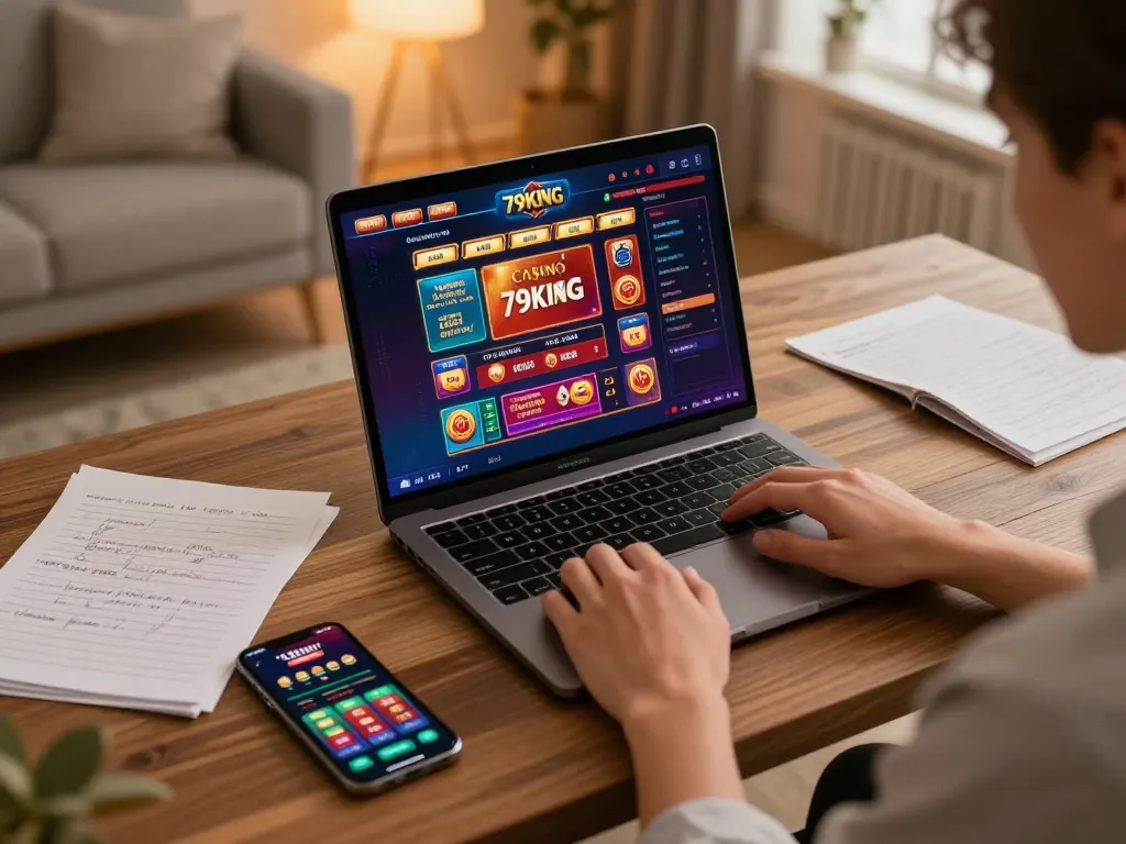 Enjoying a game at Casino 79KING with a laptop in a cozy home office setting, emphasizing responsible gaming.